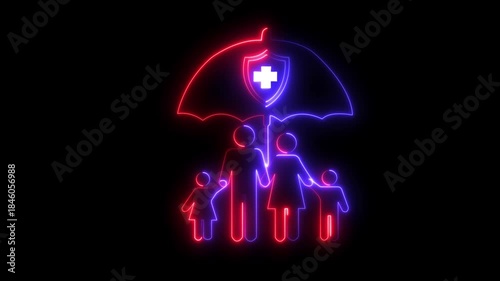 Glowing An animated neon family icon under an umbrella with a medical shield. Represents comprehensive family health insurance, protection and security.4k video animation