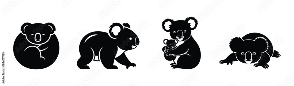 Obraz premium Set of four koala icons in different poses on a white background