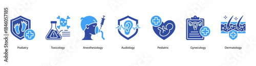 Clinical Specialties web banner illustration featuring Podiatry, Toxicology, Anesthesiology, Audiology, Pediatric, Gynecology, and Dermatology.