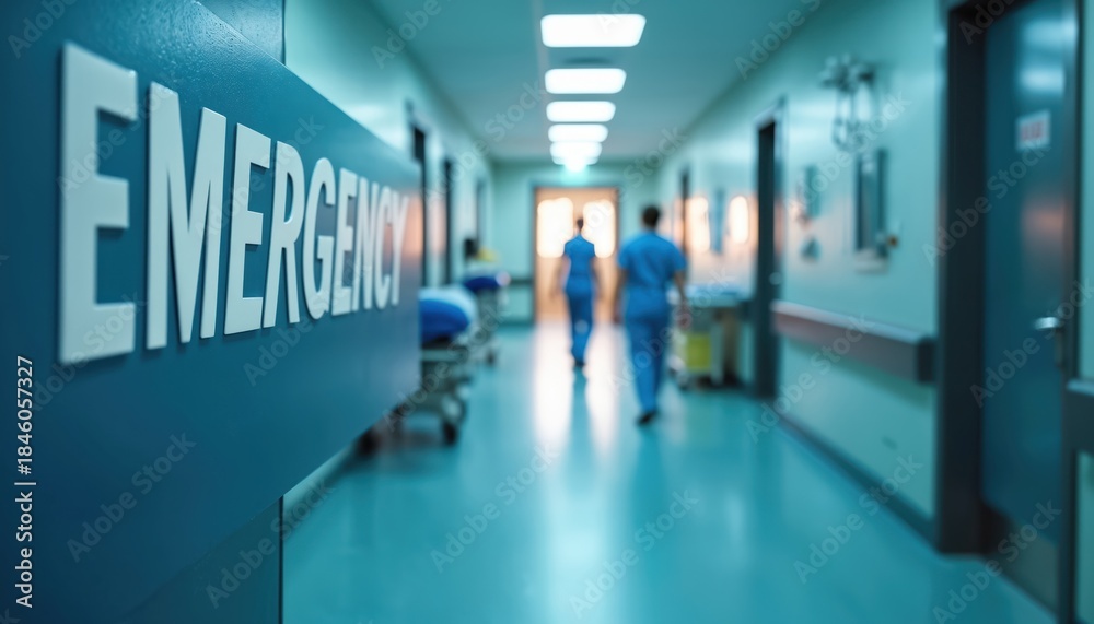 Obraz premium Hospital emergency room corridor with nurses walking. Medical equipment, gurneys line hallway. Blue toned interior feels clean, modern. Signage indicates emergency department access. Focus on