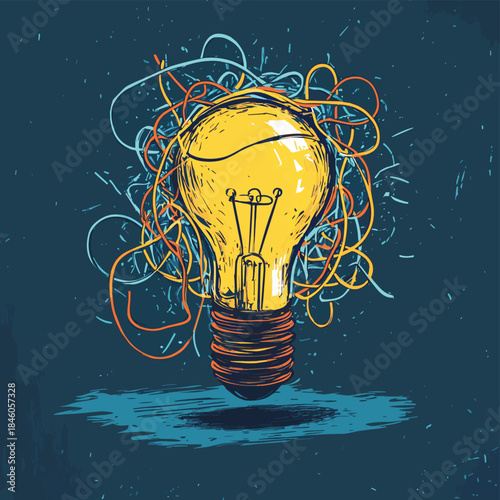 Bright idea emerging from tangled mess problem solving concept , vector style simple color