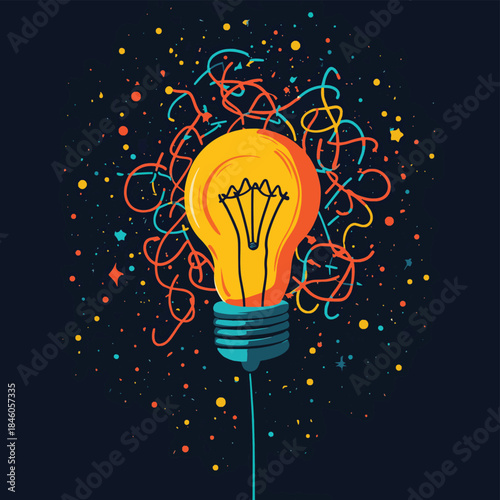 Bright idea emerging from tangled mess problem solving concept , vector style simple color