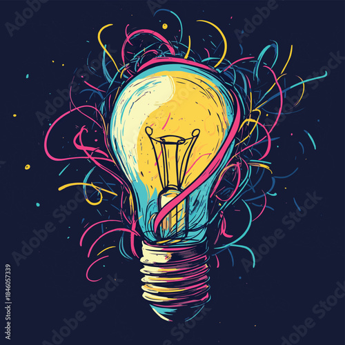 Bright idea emerging from tangled mess problem solving concept , vector style simple color