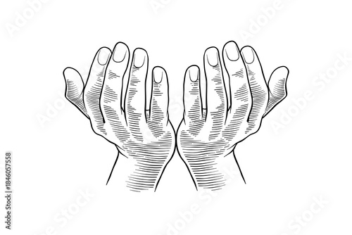 linear illustration of hands looking up