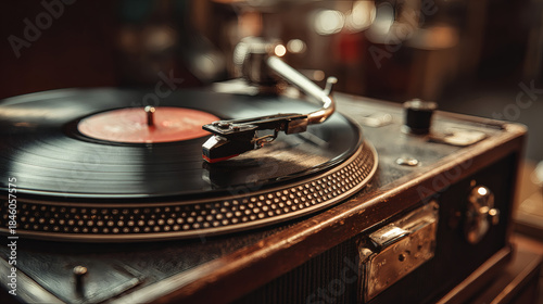 A close-up shot of a vintage record player with a black vinyl record spinning, highlighting the classic design and the tonearm.
