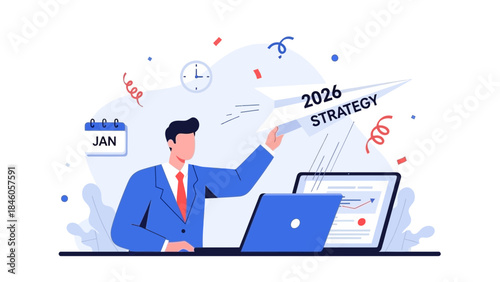 Professional manager launching a 2026 strategy paper plane near his desk setup with calendar and clock details, concept for long-term planning, corporate targets and new year goals