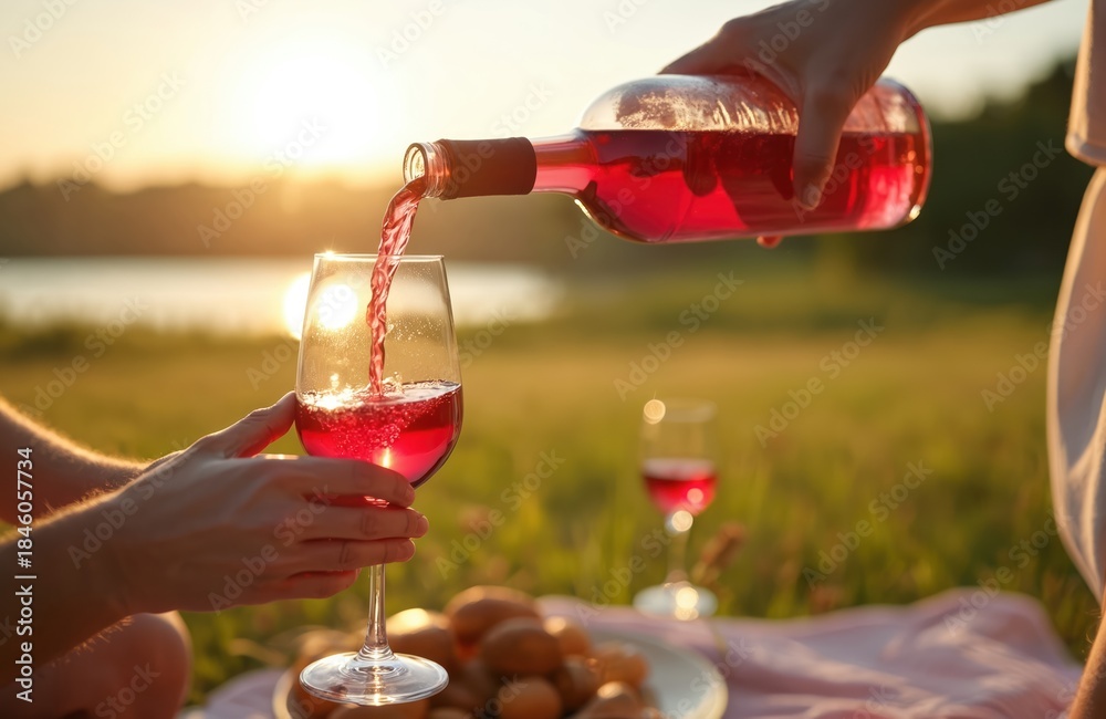 Obraz premium Hands pour red wine into glass at outdoor picnic during sunset. Couple enjoys romantic summer evening by lake with food and drinks. Leisure time with alcoholic beverage.