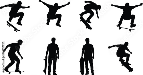 Collection of Vector Skateboarder Silhouettes in Mid-Air Tricks and Stances, Illustrating Dynamic Movement, Urban Youth Culture, Extreme Sport, and Street Lifestyle Graphics.