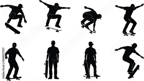 Set of Skateboarder Silhouettes in Dynamic Action Poses and Tricks, Including Ollie, Kickflip, and Casual Stances, Representing Extreme Sports, Youth, and Urban Culture.