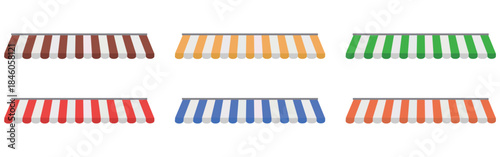 “Colorful Striped Shop Awnings Collection – Red, Blue and White Store Canopy Vector Set”