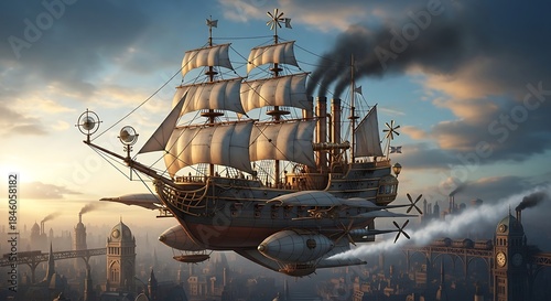 Steampunk Airship Flying Over a Futuristic Cityscape at Sunset.