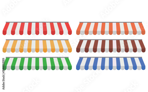 “Colorful Striped Shop Awnings Collection – Red, Blue and White Store Canopy Vector Set”
