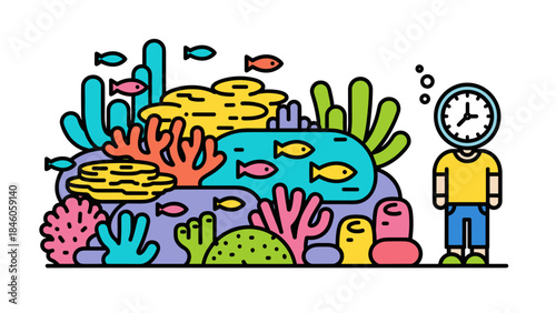 Coral reef illustration with diver and clock