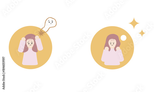 考えすぎる女性とありのままで輝く女性のアイコン