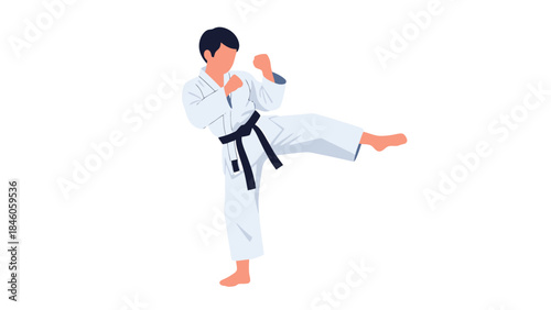 Martial arts practitioner performing a high kick in a clean white uniform