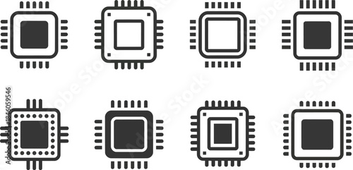 Microchip processor icon set, flat vector technology symbols, modern electronics concept, minimal outline design, isolated on white.
