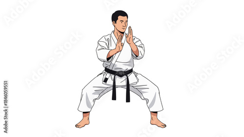 Young Male Martial Artist in Traditional Karate Pose Performing a Strike