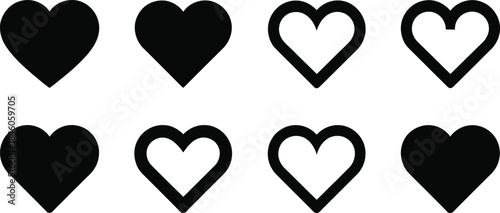 Heart like and favorite icon set, flat vector style, solid and outline shapes, social media UI symbols, isolated on white background.