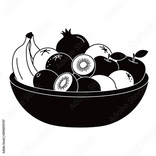 Black silhouette of a fruit bowl overflowing with healthy produce including bananas, apples, kiwi, and citrus, symbolizing fresh diet, vitamins, and natural nutrition.