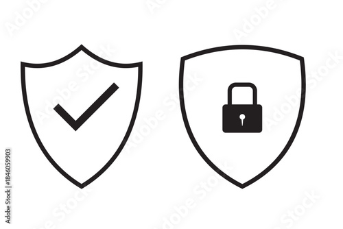 Security shield icon set. Black lock and check mark symbols.