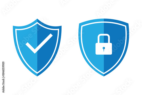 Security shield icons, security shields logotypes with check mark and safe lock. Safety shield symbols