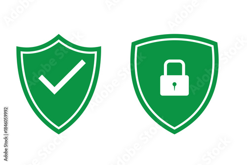 Security shield icons, security shields logotypes with check mark and safe lock. Safety shield symbols