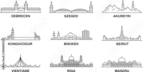City skyline line drawing architecture and cityscapes with places vector outline