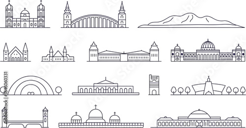 City Skyline Line Icons Vector Set Collection With Architecture Building Structure