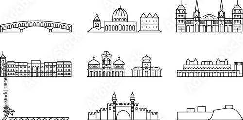 City Skyline Line Icons Vector Set Collection With Architecture Building Structure