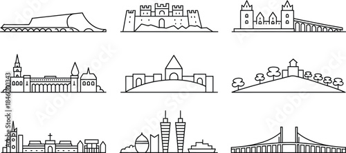 City Skyline Line Icons Vector Set Collection With Architecture Building Structure