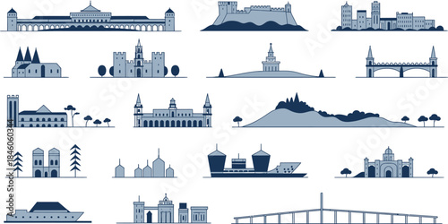 City Skyline Line Icons Vector Set Collection With Architecture Building Structure