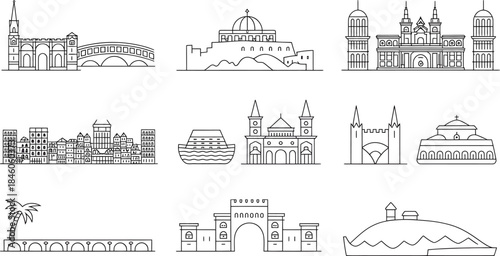 City Skyline Line Icons Vector Set Collection With Architecture Building Structure