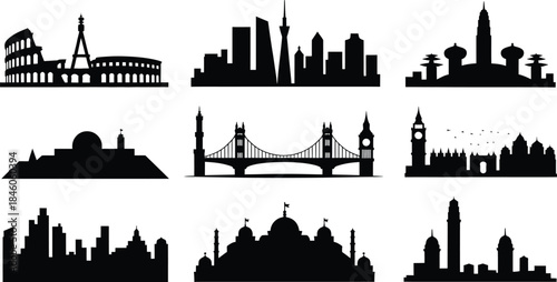 City skyline silhouette design of major cities around world famous building landmarks