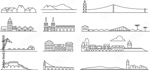 Collection of Landmarks and Cityscapes Silhouette Outline Vector Illustration Design