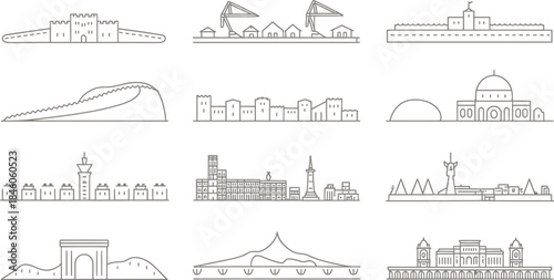 Collection of Landmarks and Cityscapes Silhouette Outline Vector Illustration Design