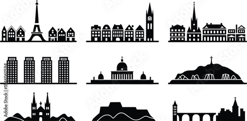 Famous landmarks skyline silhouette set of various architecture and urban places