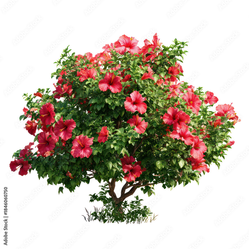 Fototapeta premium A beautiful and vibrant red hibiscus flowering bush with lush green leaves isolated on transparent background