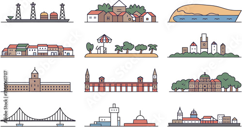 Line color landmarks and cityscape thin line architecture monuments famous places