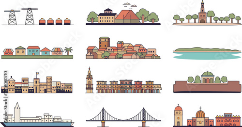 Line color landmarks and cityscape thin line architecture monuments famous places