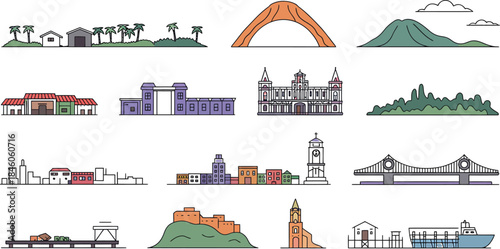 Line color landmarks and cityscape thin line architecture monuments famous places