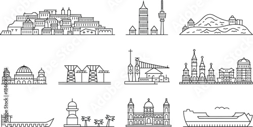 Linear contour collection of global landmark and building from all over world in transparent view