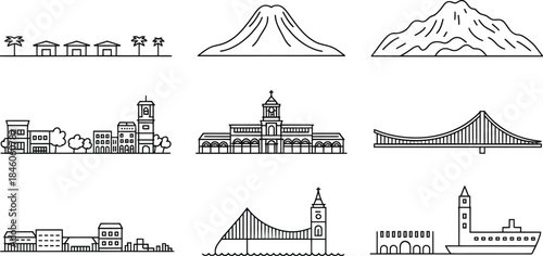 Outline landmarks and cityscape thin line architecture monuments famous places vector