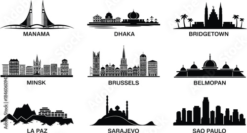 Set of city skylines silhouettes of manama dhaka bridgetown minsk brussels belmopan la paz
