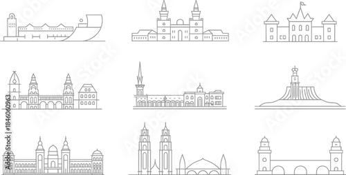 Set of thin line landmarks of cities around world buildings architecture
