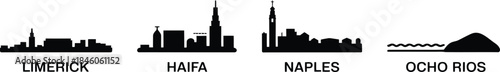 Silhouettes of limerick haifa naples ocho rios city skylines on transparent background