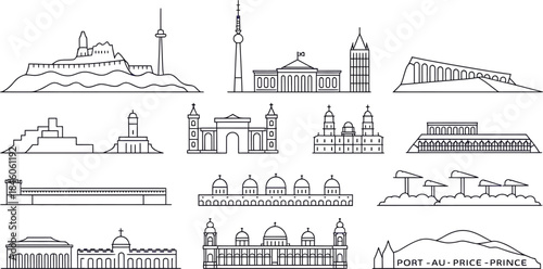 Skyline set with various famous buildings and landmarks in trendy flat outline style
