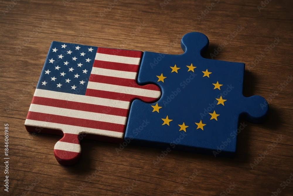 Naklejka premium United States and Europe Partnership: Depicting a tangible bond between two major world entities, with puzzle pieces featuring the U.S. and EU flags, symbolizing collaboration and connectivity. 
