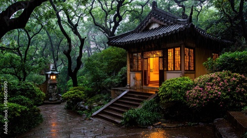 A traditional pavilion nestled in a lush forest during a gentle rain.