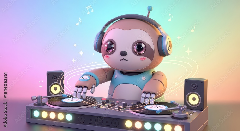 Obraz premium Adorable robotic sloth character mixes music using professional audio equipment