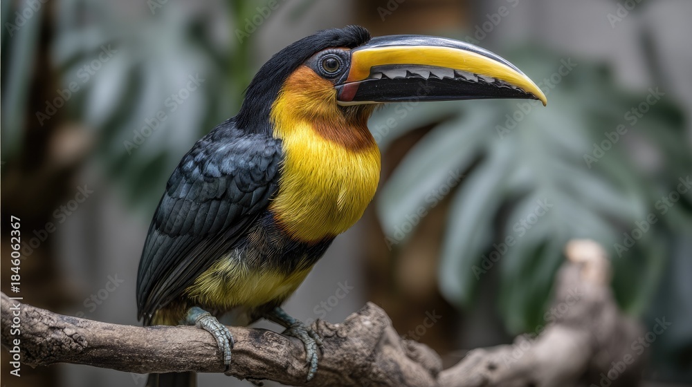Obraz premium Toucan perched on a branch with lush green foliage in the background.